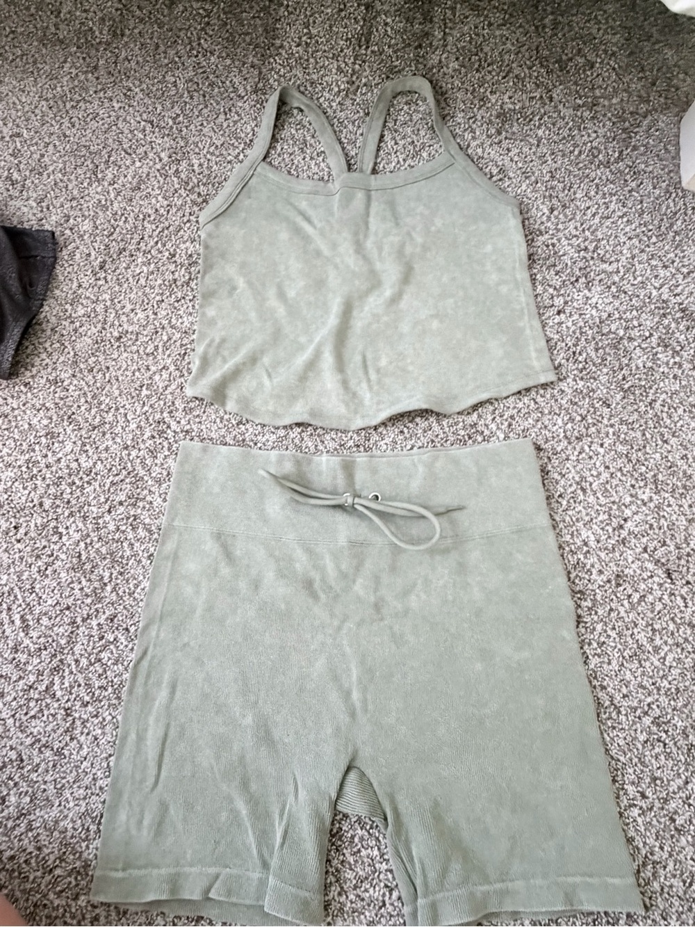 No Boundaries Olive Green Ribbed Tank & Shorts Set